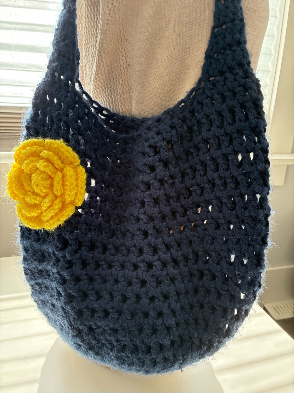 Handmade Navy Blue Crochet Shoulder Bag Yellow Flower Accent Boho Hobo Tote